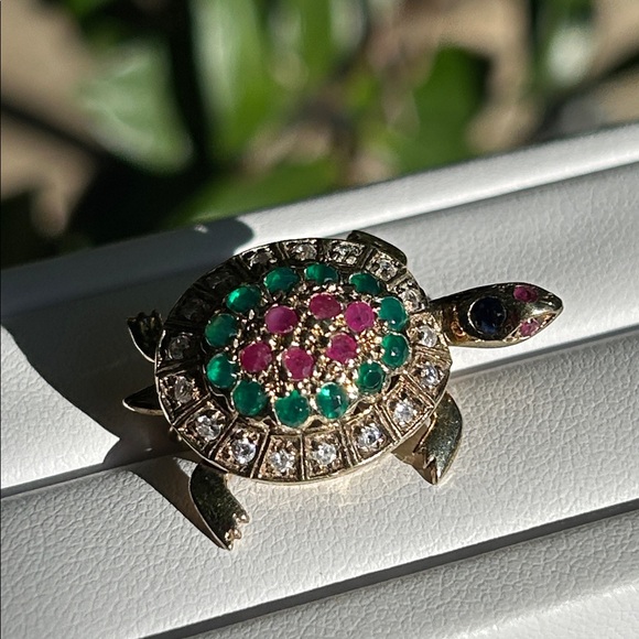 Gold Sterling Silver Ruby Emeralds Turtle Brooch Pendant - Picture 6 of 8